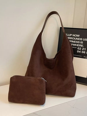 Brown suede hobo tote mini with matching zippered pouch