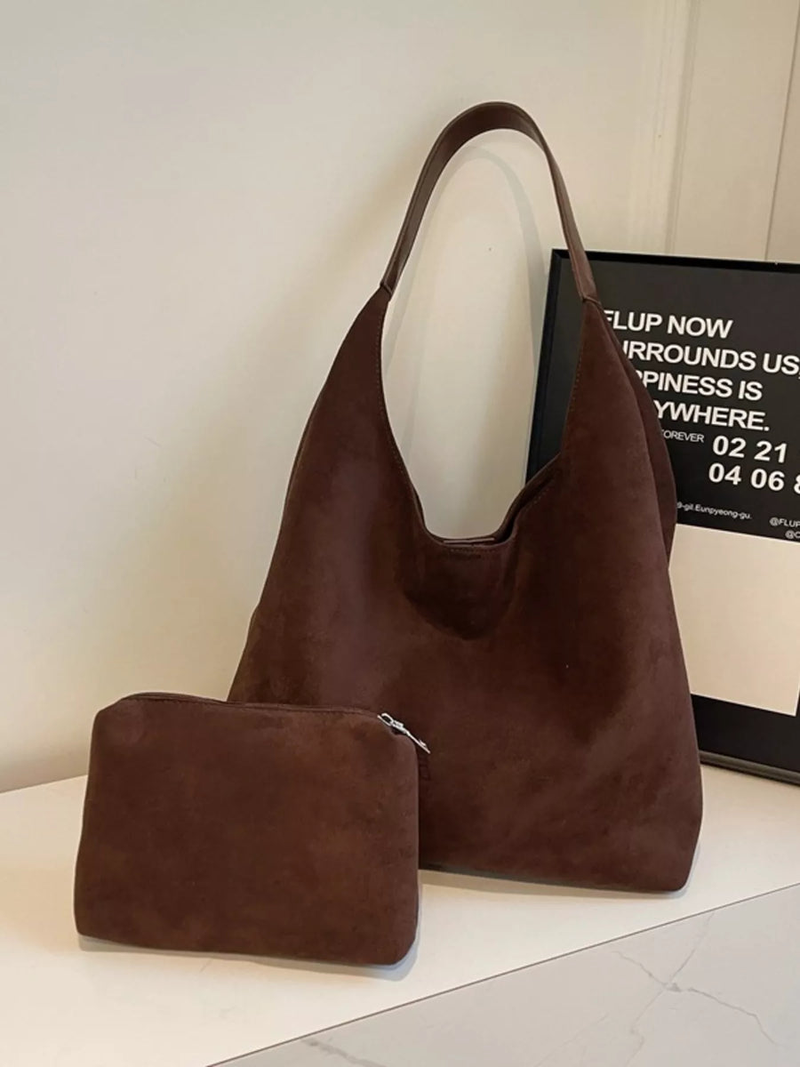 Brown suede hobo tote mini with matching zippered pouch