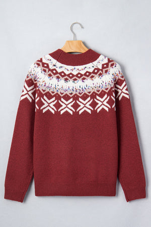 burgundy pullover sweater with ribbed cuffs and long sleeve