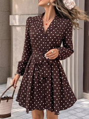 dark brown shirt dress with polka dot and collared