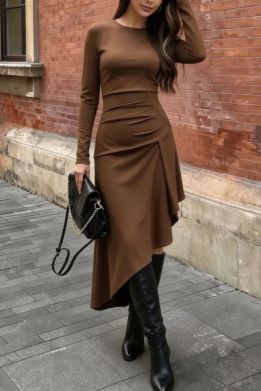 Brown with Ruched Asymmetrical Hem Long Sleeve Dress
