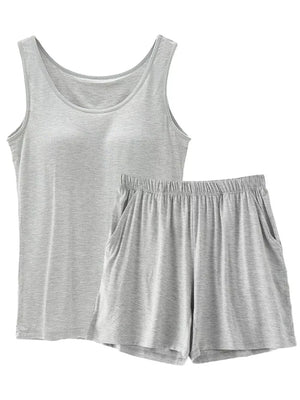 Relaxed hemp gray padded tank top and shorts set with elastic waist and pockets.