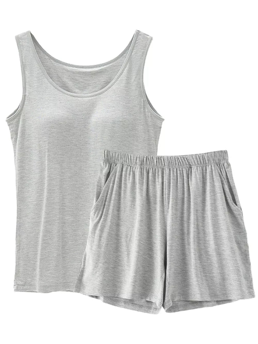 Relaxed hemp gray padded tank top and shorts set with elastic waist and pockets.
