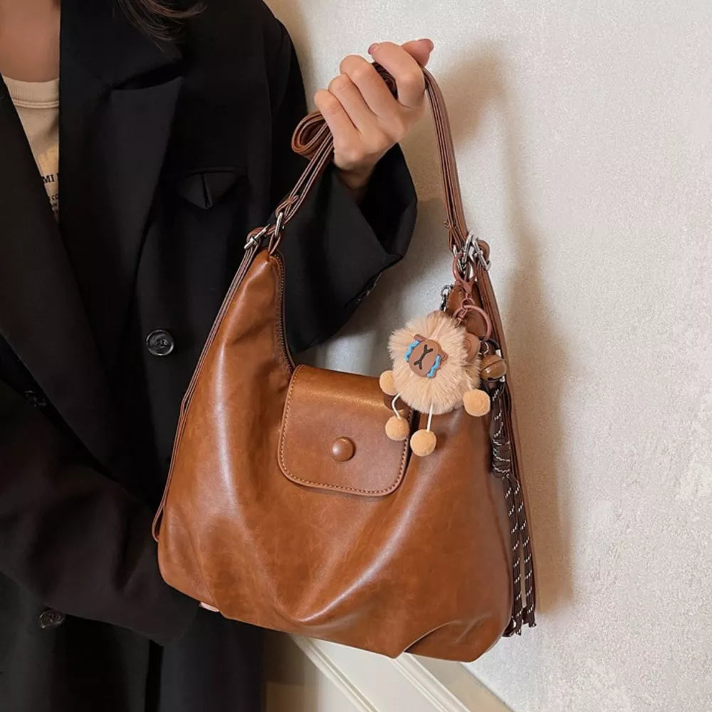 Brown Pu Leather Medium Shoulder Bag