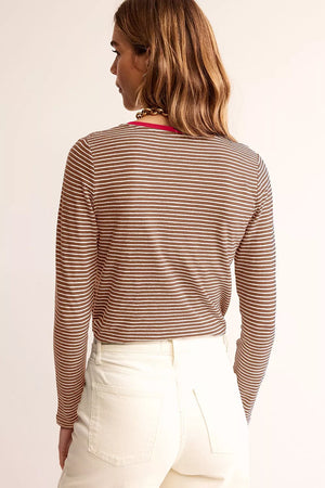 Khaki Stripe V Neck Stretchy Long Sleeve Top