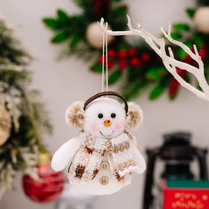 Knitted snowman ornament with earmuffs and scarf, festive holiday decor