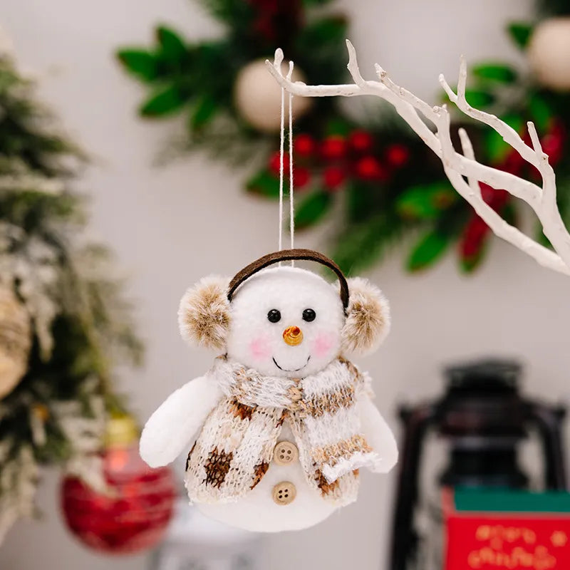 Knitted snowman ornament with earmuffs and scarf, festive holiday decor