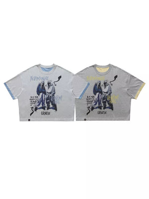 t-shirt in heather gray with graphic print and stretch