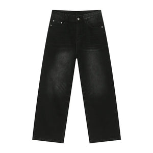 Oversized baggy black denim trousers with a washed finish and wide leg.