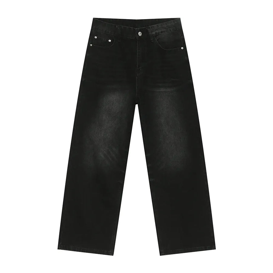 Oversized baggy black denim trousers with a washed finish and wide leg.