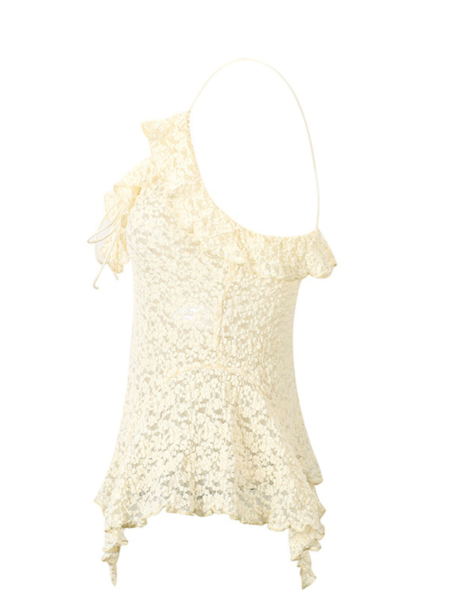 Beige lace cami top with ruffle trim and asymmetrical hem.
