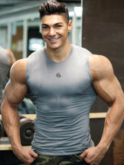 Performance Fit Muscle Tank in gray with a crew neck and logo detail.
