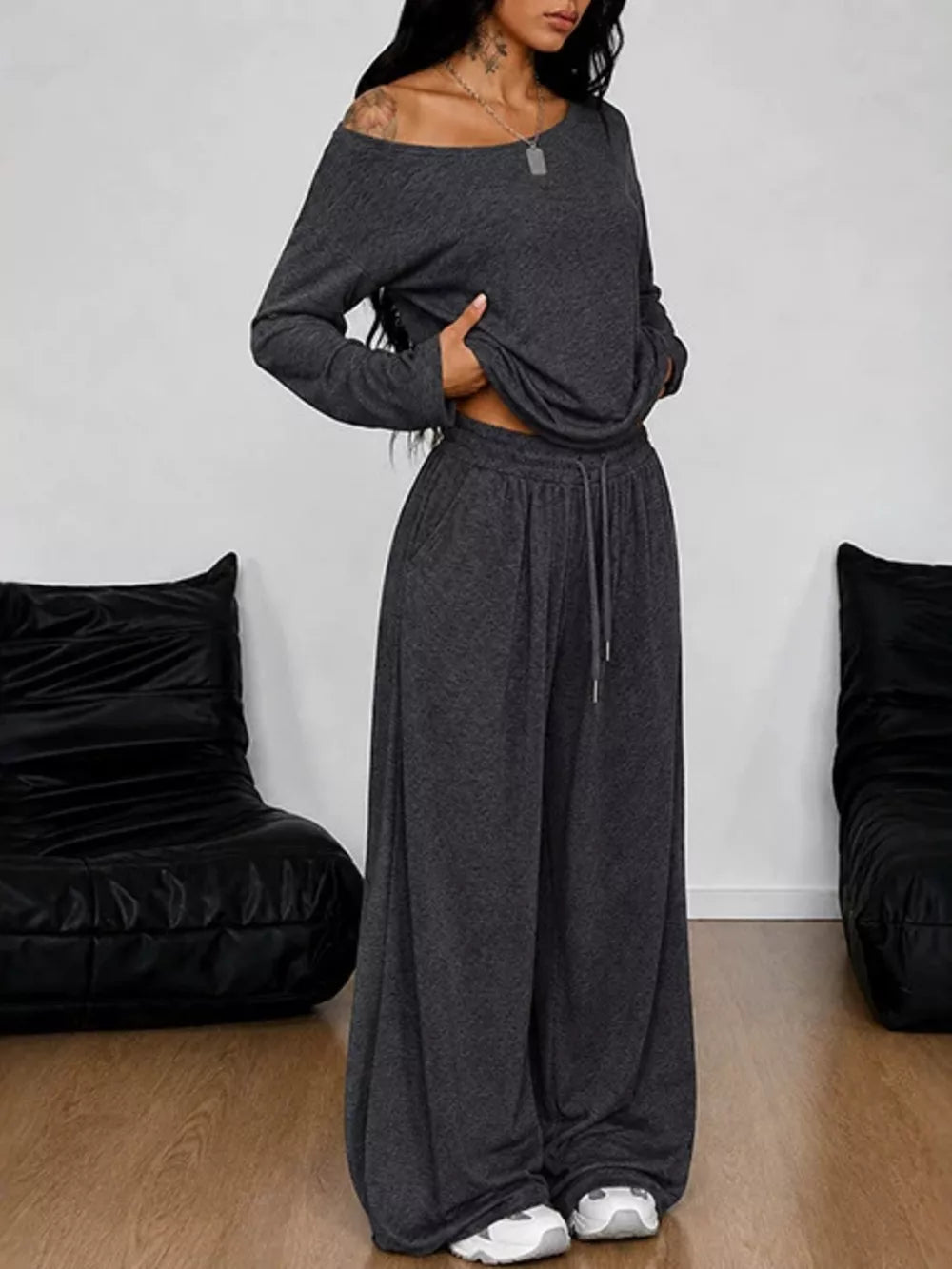 One-shoulder Top And Drawstring Pants Set Plus Size in Apricot