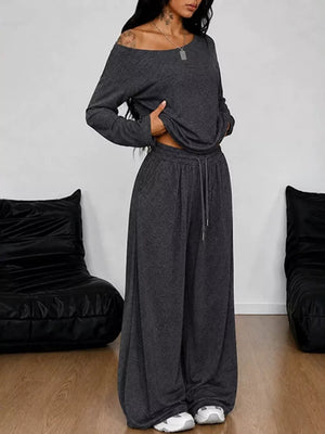 One-shoulder Top And Drawstring Pants Set Plus Size in Apricot