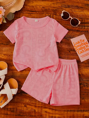 Children's pink ribbed knit tee and shorts set, crew neck, short sleeve, comfortable casual outfit.