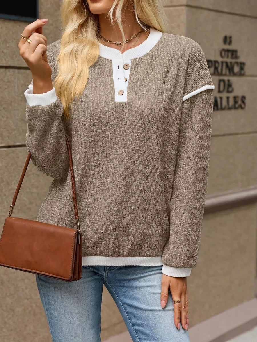 Pink henley with hip-length and half-button