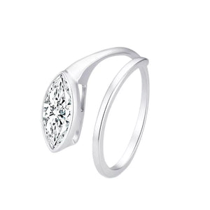 Elegant bypass ring with a large marquise moissanite stone in silver metal.
