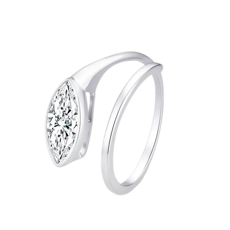 Elegant bypass ring with a large marquise moissanite stone in silver metal.