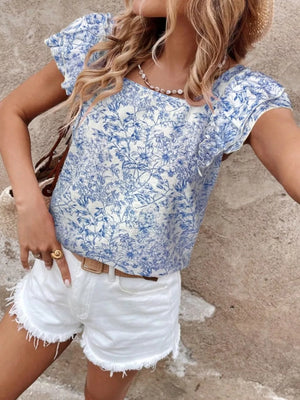 Blue floral ruffle blouse with square neckline and short sleeves.