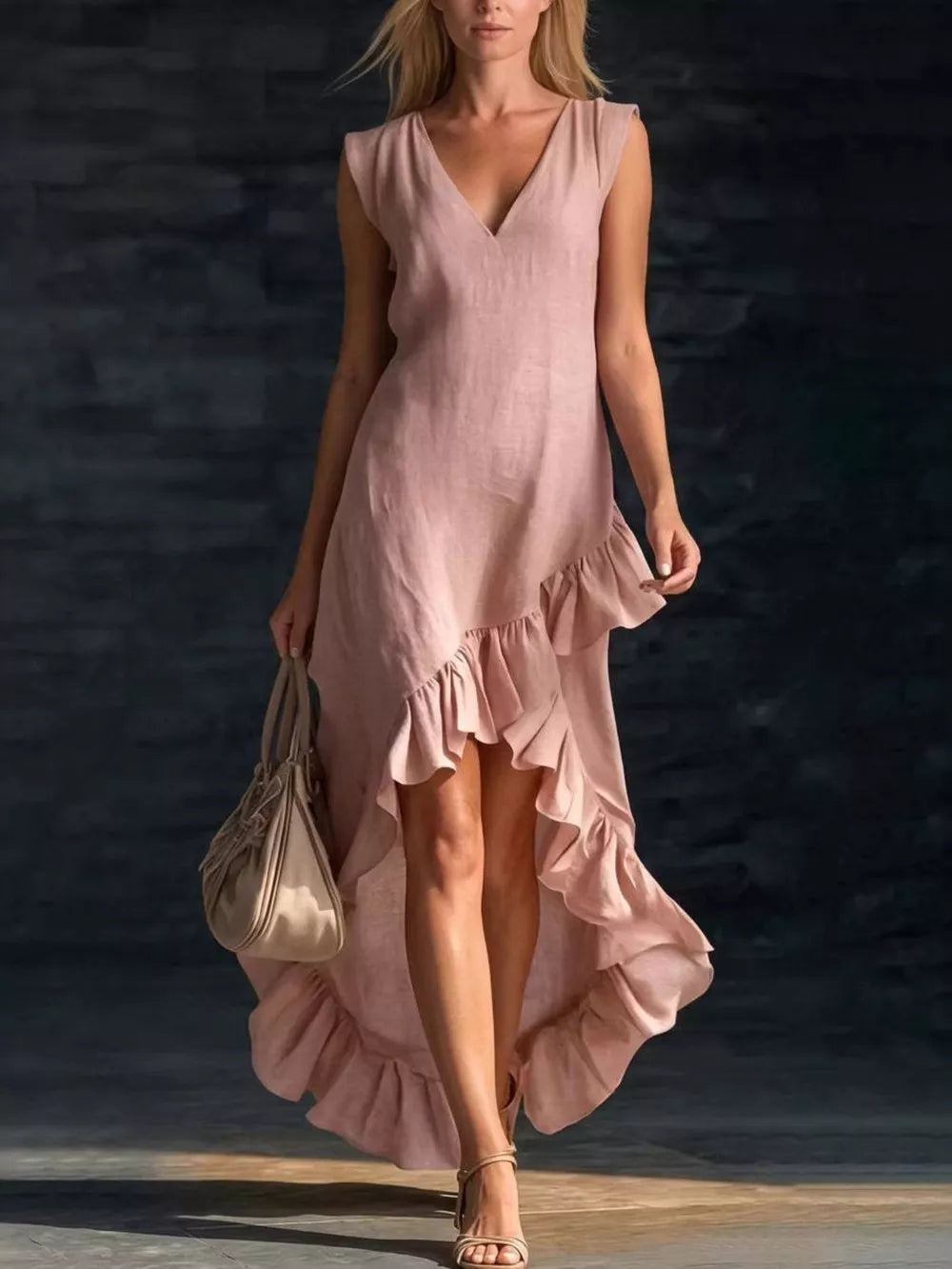 Pink Full Size V-neck Ruffle Hem High-low Dress