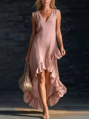 Pink Full Size V-neck Ruffle Hem High-low Dress