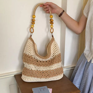 handbag in light brown with striped and crochet knit