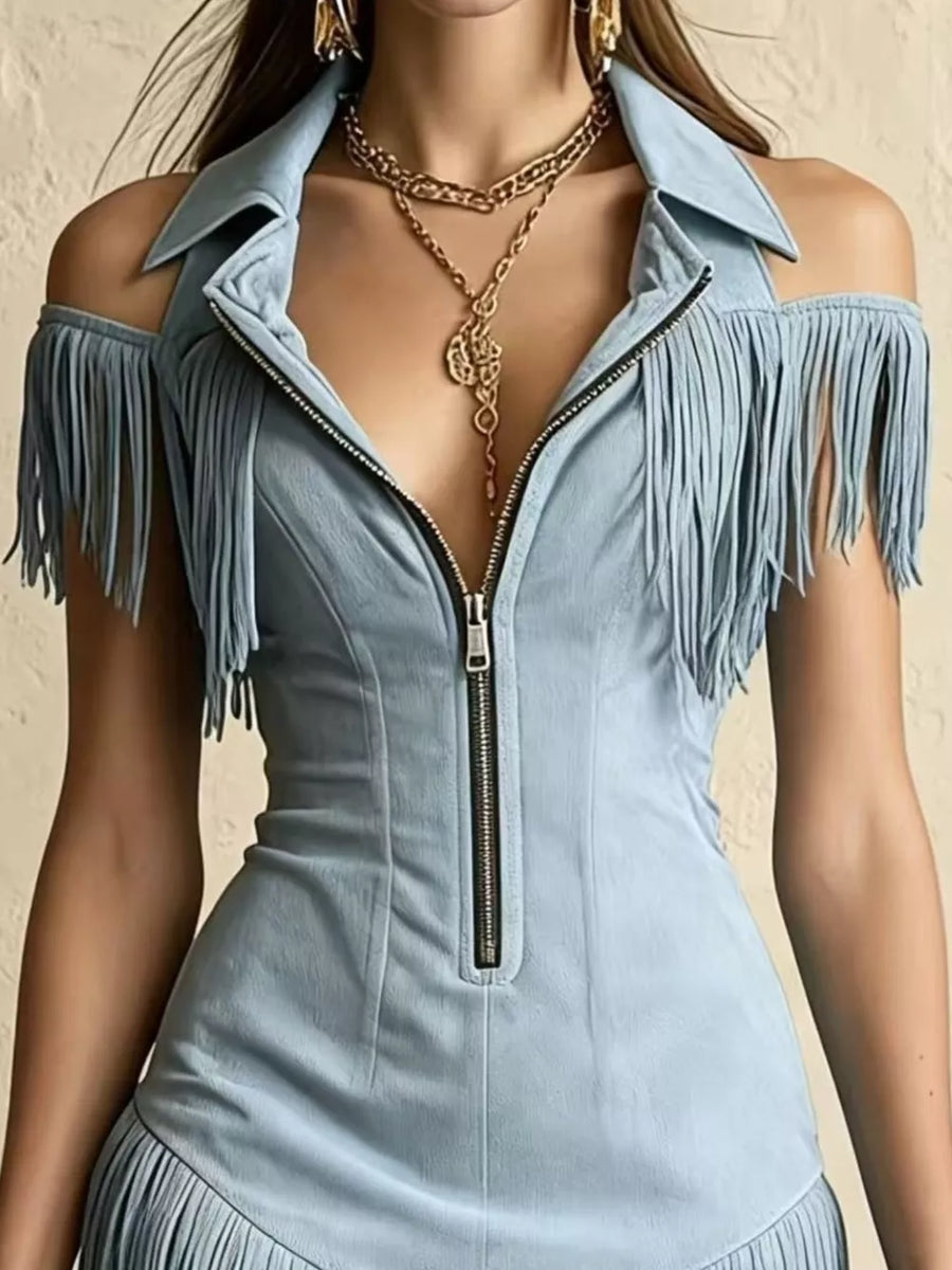 Light blue cold shoulder mini dress with fringe details and a zip front.
