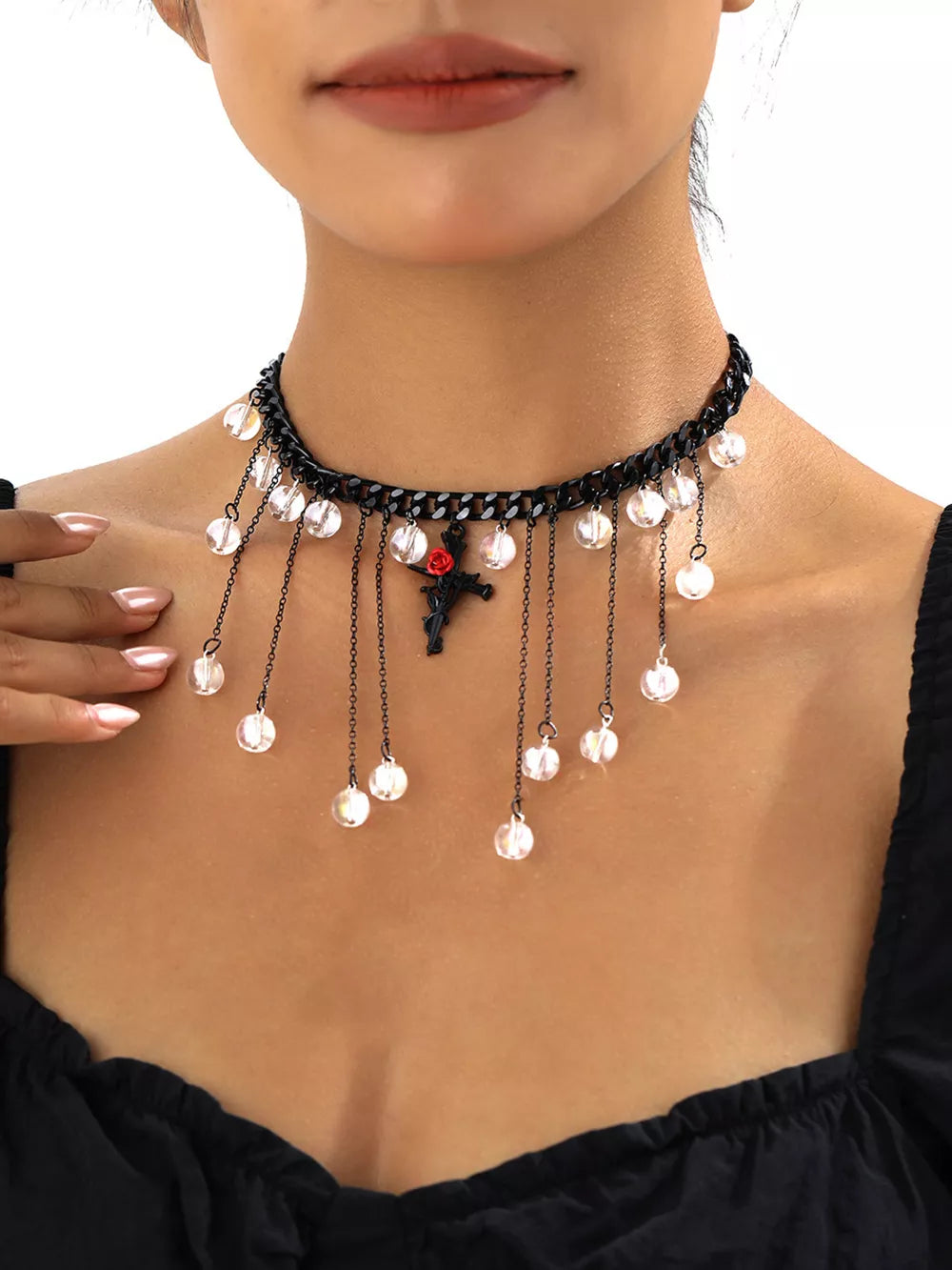 Black Gothic Rose Cross Dangle Necklace Alloy Resin