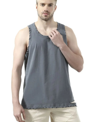 Gray relaxed fit tank top with raw edge detail on neckline and hem.