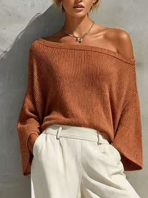 One-Shoulder Knit Top And High-Waisted Pants Set in Moss with pocketed