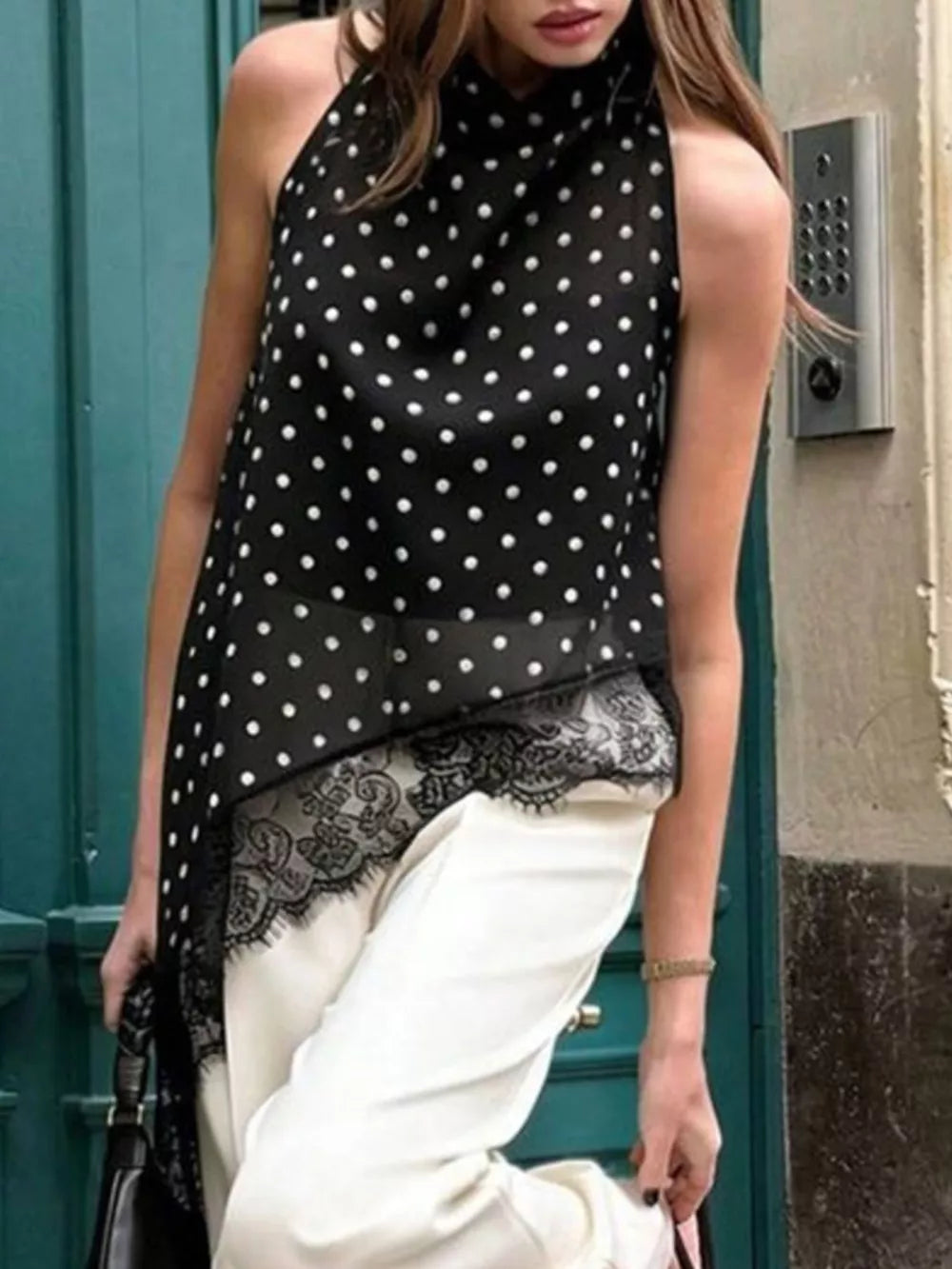 Multicolor Polka Dot Lace Trim Asymmetrical Hem Sleeveless Blouse