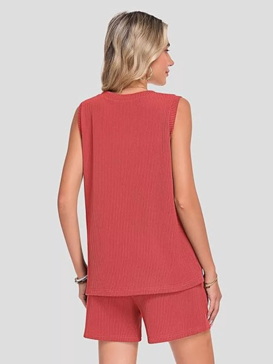 Red ribbed knit sleeveless top and shorts set with pockets