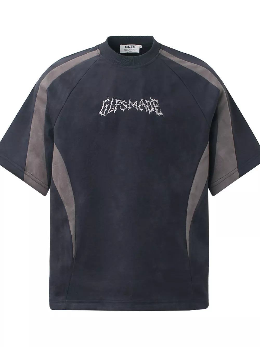 Navy blue athletic t-shirt with graphic embroidery and grey panel details