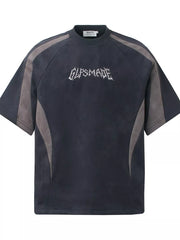 Navy blue athletic t-shirt with graphic embroidery and grey panel details