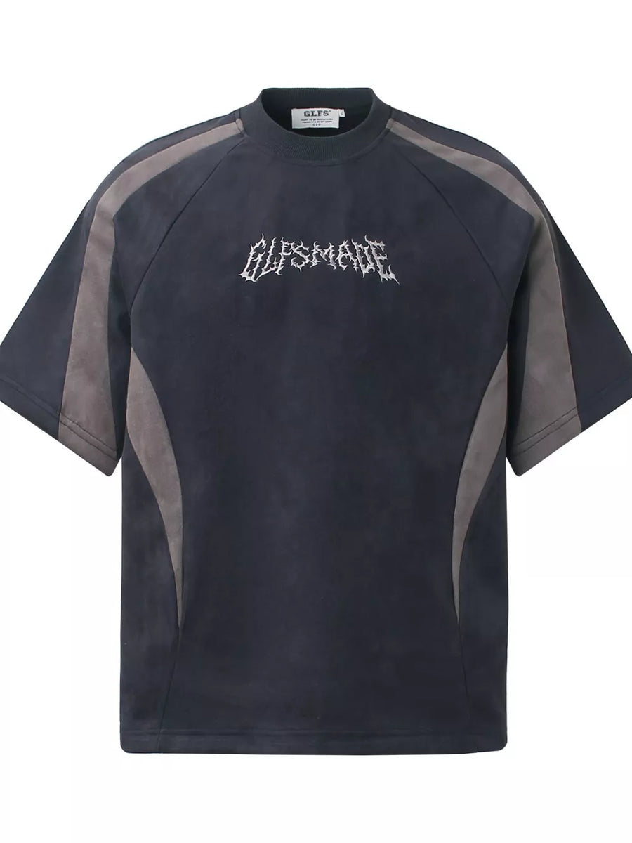 Navy blue athletic t-shirt with graphic embroidery and grey panel details