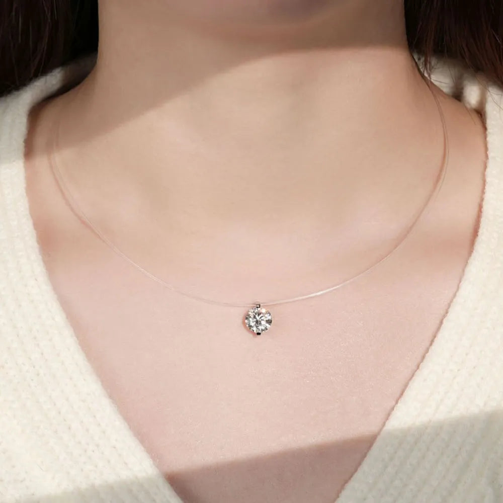 Silver floating moissanite necklace with clear string chain, 1 ct D color grade stone
