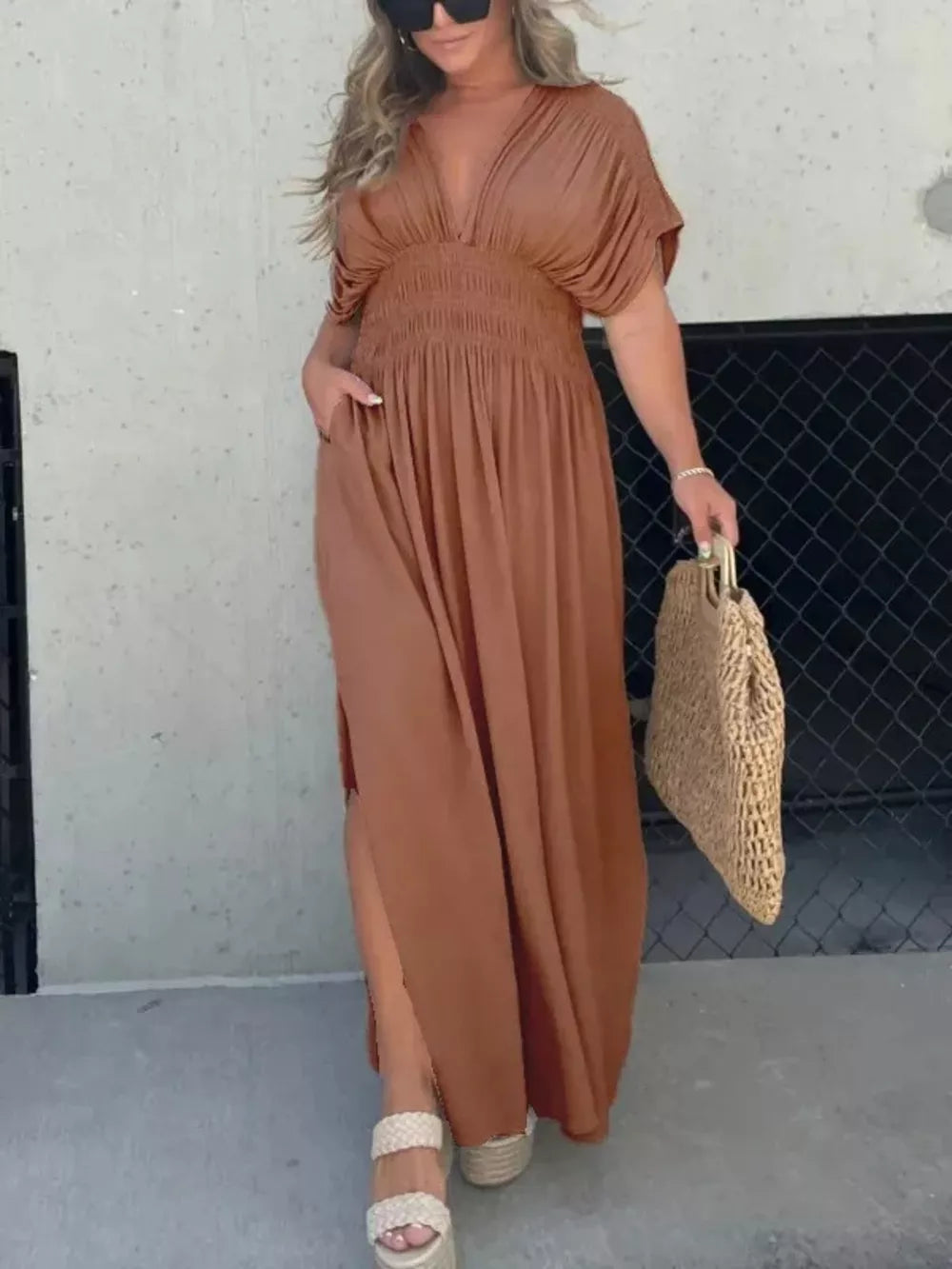 Brown V-neck dolman sleeve maxi dress with smocked waist and side slits