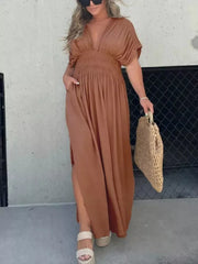 Brown V-neck dolman sleeve maxi dress with smocked waist and side slits