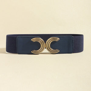 Dark blue stretch belt with double C gold buckle detail
