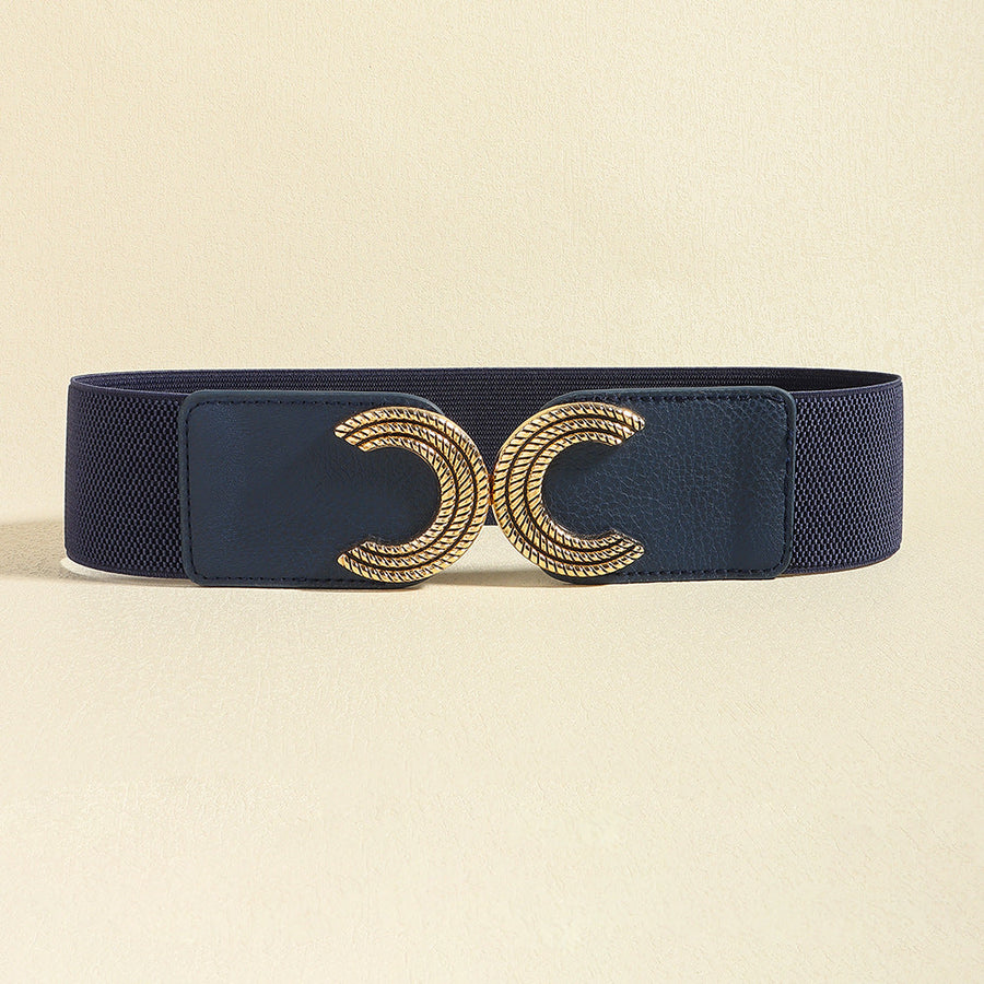 Dark blue stretch belt with double C gold buckle detail