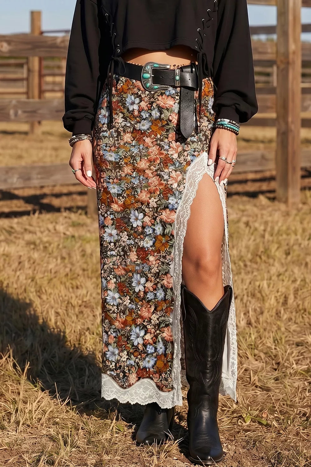 maxi skirt in dark brown featuring split and A-line fit