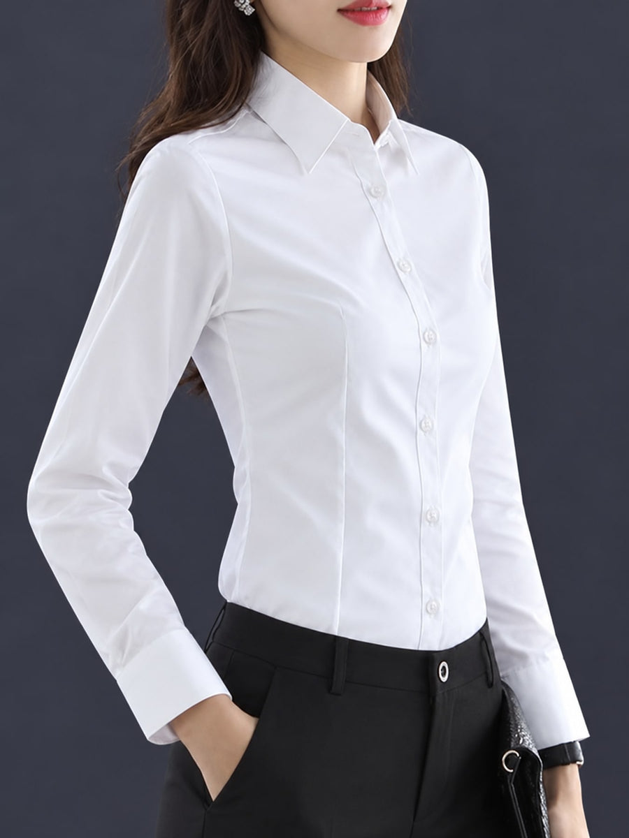 White-Short Sleeve Regular button-down shirt with hip-length and button-front