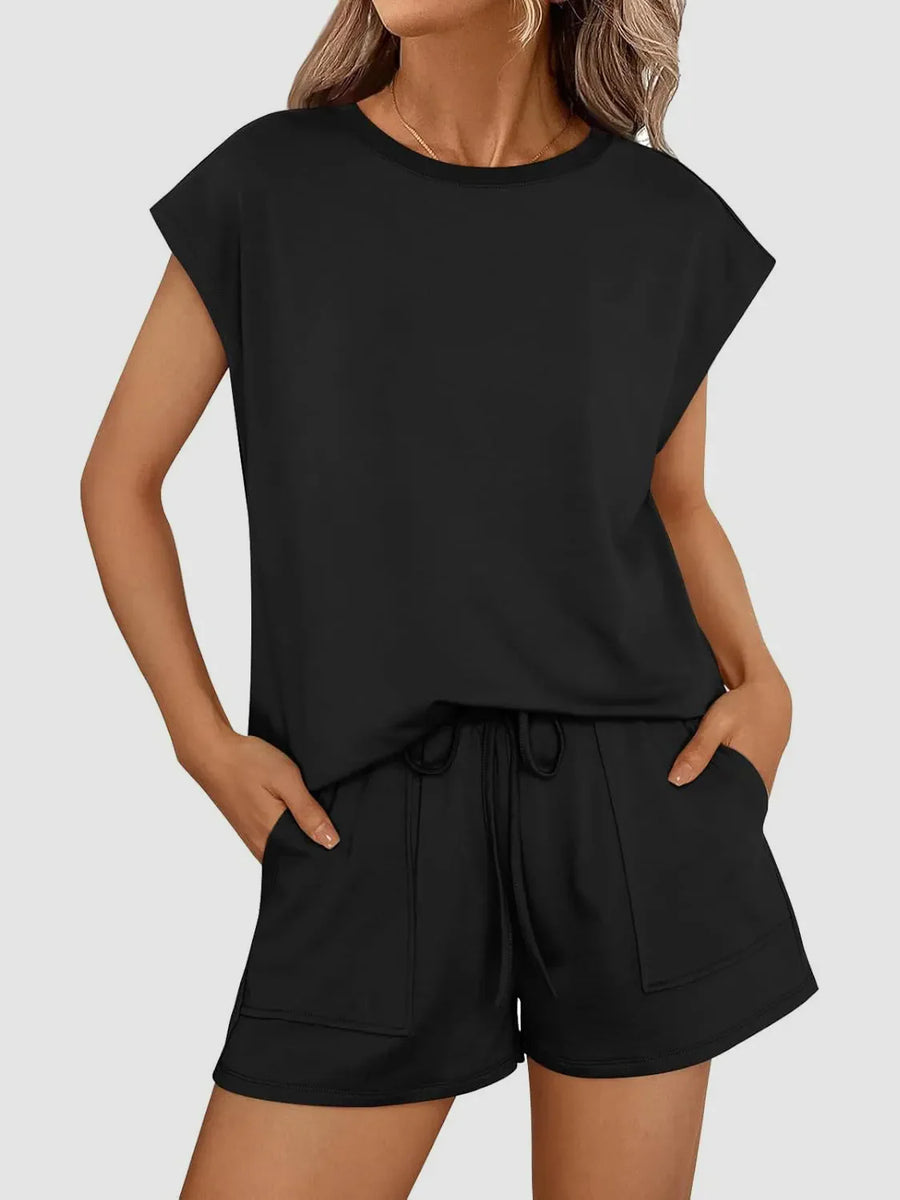 Black relaxed fit drawstring short set with cap sleeves and patch pockets.