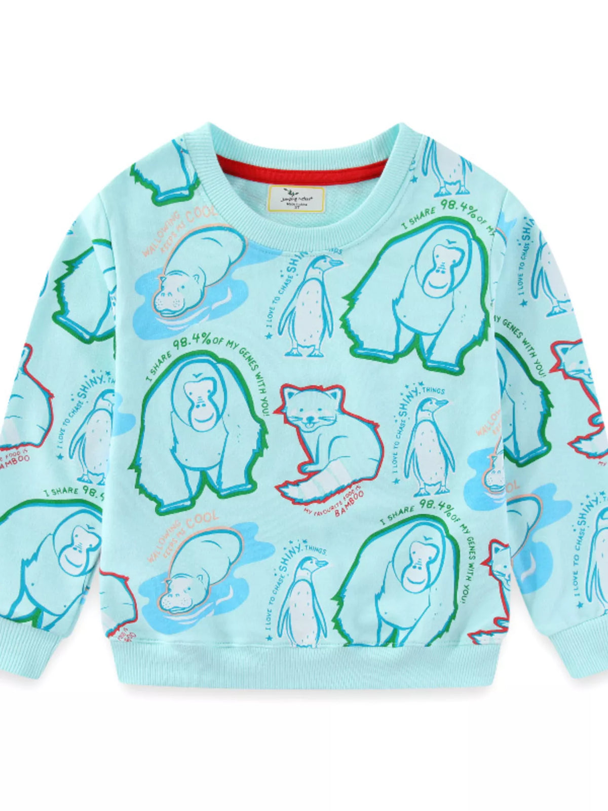 Mint blue cotton blend sweatshirt with playful animal print and text details.