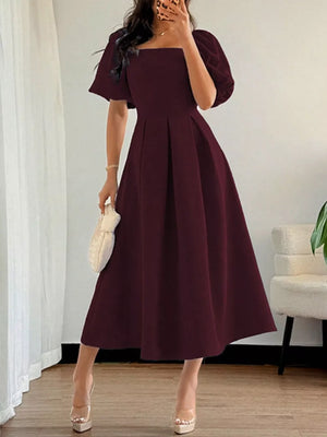 Burgundy midi dress with square neck, flutter sleeves, and pleated A-line skirt.