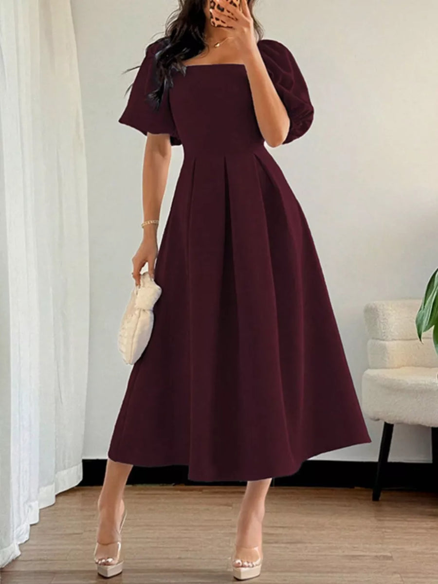 Burgundy midi dress with square neck, flutter sleeves, and pleated A-line skirt.