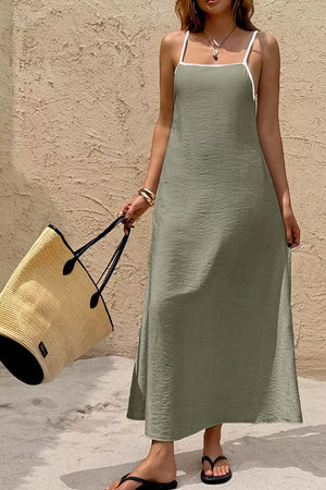 Matcha Green, Spaghetti Strap Maxi Dress With Contrast Trim in Matcha Green