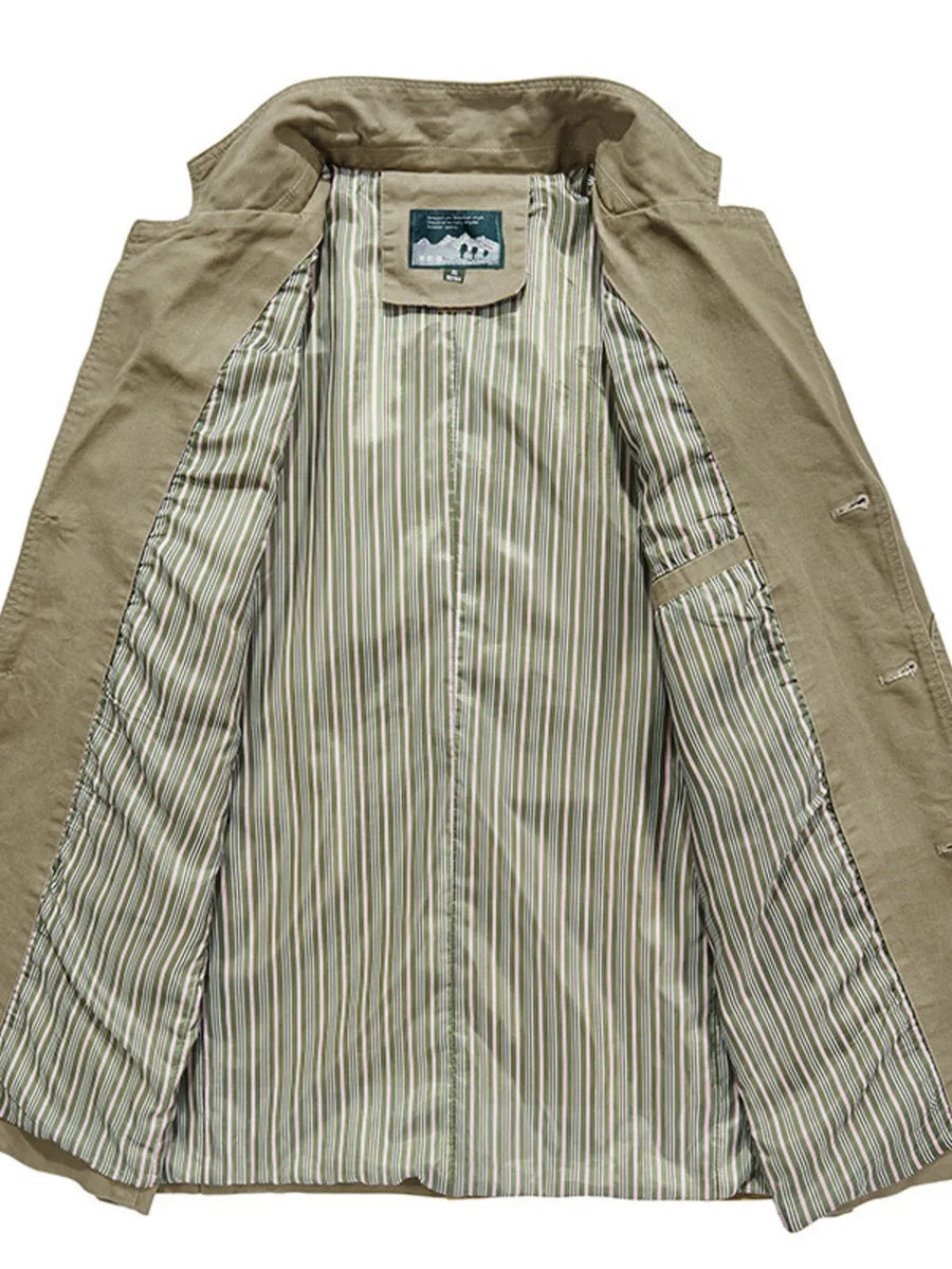 Khaki cotton lapel collar blazer with striped lining and button detail