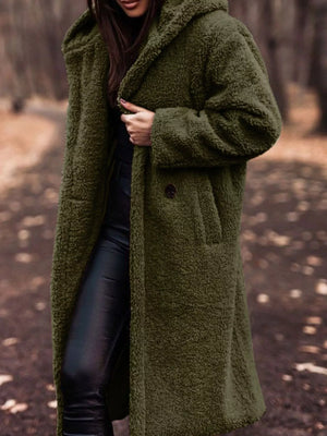 Army green teddy bear longline coat with hood, button closure, and pockets.