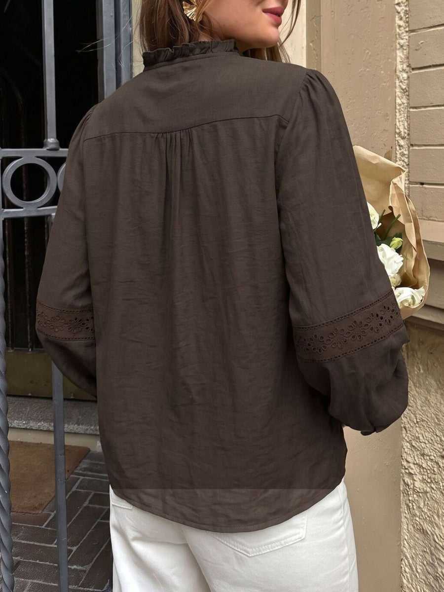 blouse in Coffee Brown with eyelet and buttoned